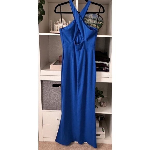 Laundry by Shelli Segal Blue Cross Back Halter Gown Size 4 Long Formal Dress - Picture 3 of 12